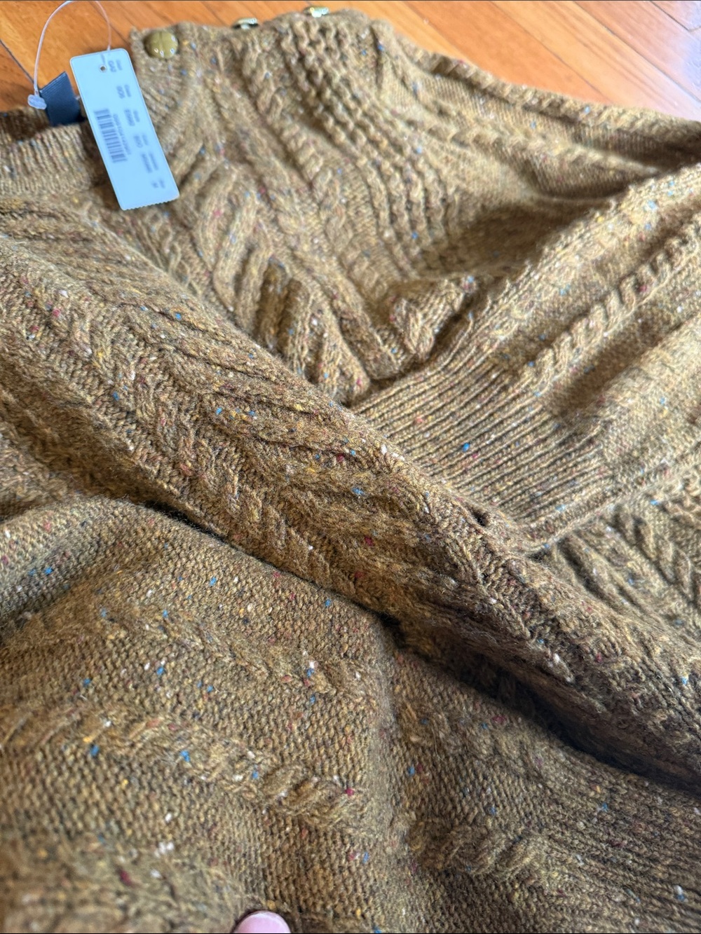 NWT j. Crew Cable-Knit Crewneck speckled sweater in Olive Brown Shoulder Button - Picture 5 of 6